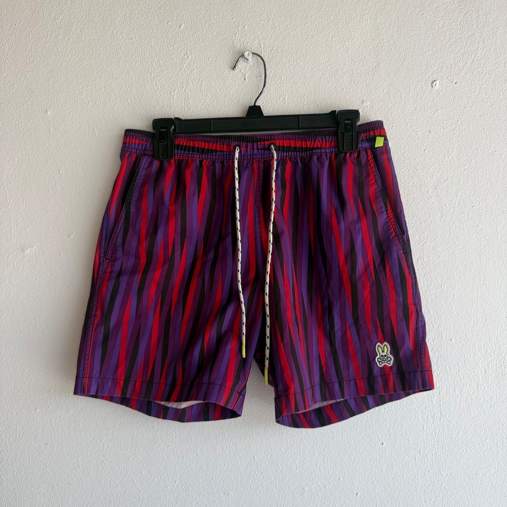 Psycho Bunny Striped Swim Trunks Purple Red Black Size Small